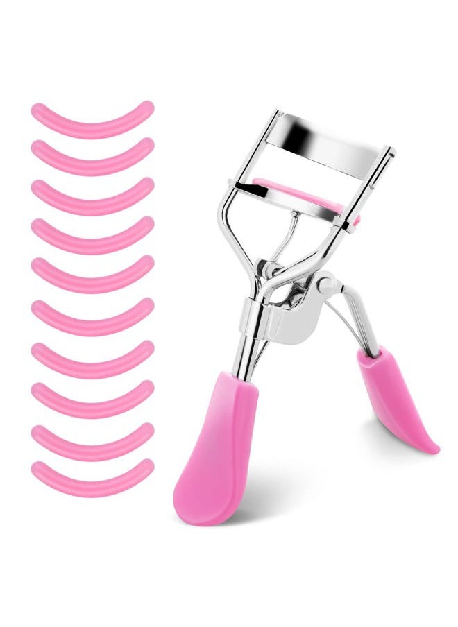 Lash Curler, No Pinching or Pulling, Long Lasting Eyelash Curler Fit All Eye Shapes, Professional Makeup Tool for Eyelashes with 10 Pieces Silicone Refill Pads (Pink)