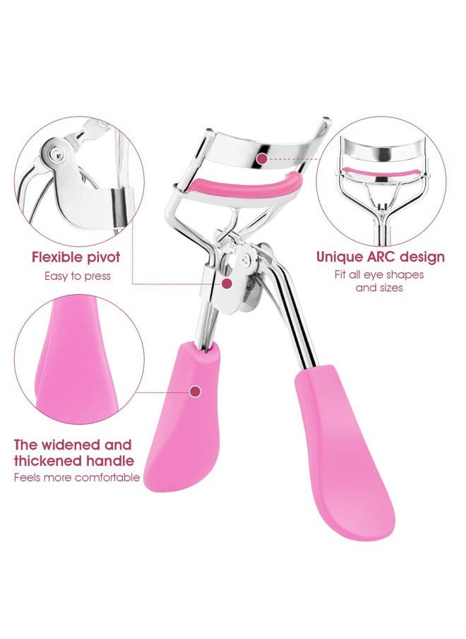 Lash Curler, No Pinching or Pulling, Long Lasting Eyelash Curler Fit All Eye Shapes, Professional Makeup Tool for Eyelashes with 10 Pieces Silicone Refill Pads (Pink)