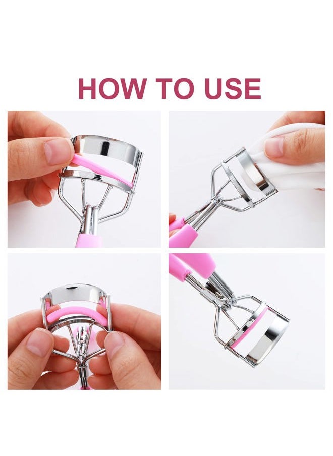 Lash Curler, No Pinching or Pulling, Long Lasting Eyelash Curler Fit All Eye Shapes, Professional Makeup Tool for Eyelashes with 10 Pieces Silicone Refill Pads (Pink)