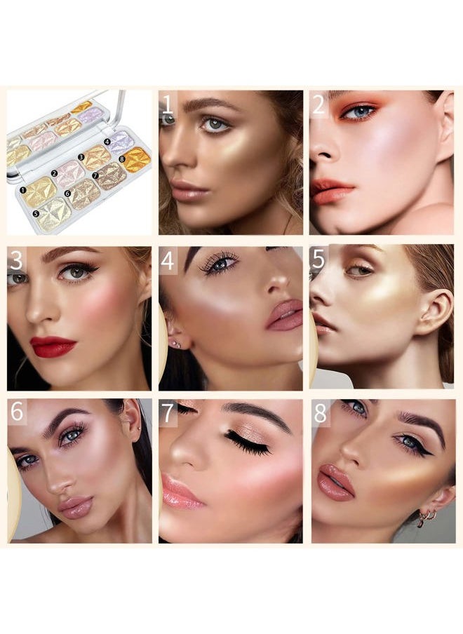 8 Colors Face Highlighter Makeup Palette，Shimmer Glitter Multichrome Highlight Powder，All Sparkling Shades Can Be layered or Worn Individually to Enhance and Brighten Your Face Features