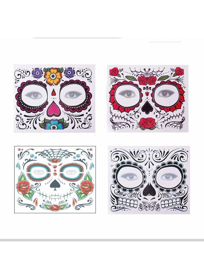 4 Pack Day of The Dead Sugar Skull Face Temporary Tattoo Halloween Makeup Tattoo Stickers for Halloween Masquerade Party(Floral, Red Roses,Black and Floral Skeleton)