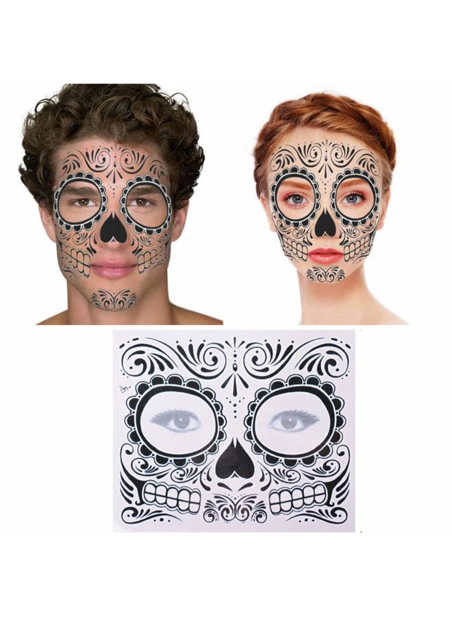4 Pack Day of The Dead Sugar Skull Face Temporary Tattoo Halloween Makeup Tattoo Stickers for Halloween Masquerade Party(Floral, Red Roses,Black and Floral Skeleton)