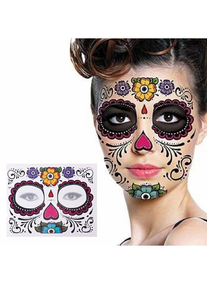 4 Pack Day of The Dead Sugar Skull Face Temporary Tattoo Halloween Makeup Tattoo Stickers for Halloween Masquerade Party(Floral, Red Roses,Black and Floral Skeleton)