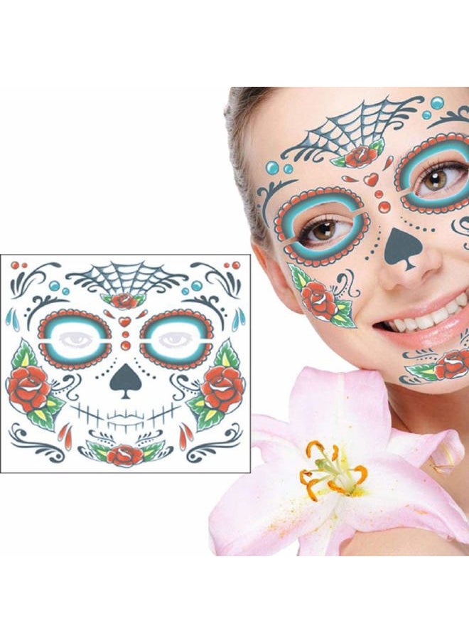 4 Pack Day of The Dead Sugar Skull Face Temporary Tattoo Halloween Makeup Tattoo Stickers for Halloween Masquerade Party(Floral, Red Roses,Black and Floral Skeleton)