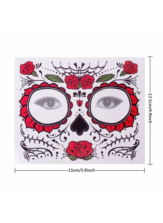 4 Pack Day of The Dead Sugar Skull Face Temporary Tattoo Halloween Makeup Tattoo Stickers for Halloween Masquerade Party(Floral, Red Roses,Black and Floral Skeleton)
