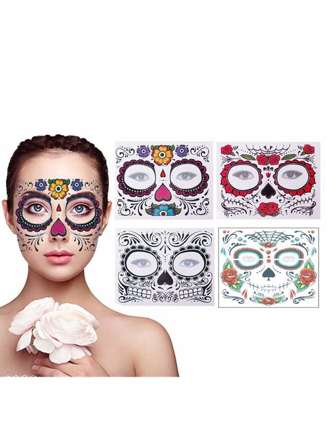 4 Pack Day of The Dead Sugar Skull Face Temporary Tattoo Halloween Makeup Tattoo Stickers for Halloween Masquerade Party(Floral, Red Roses,Black and Floral Skeleton)