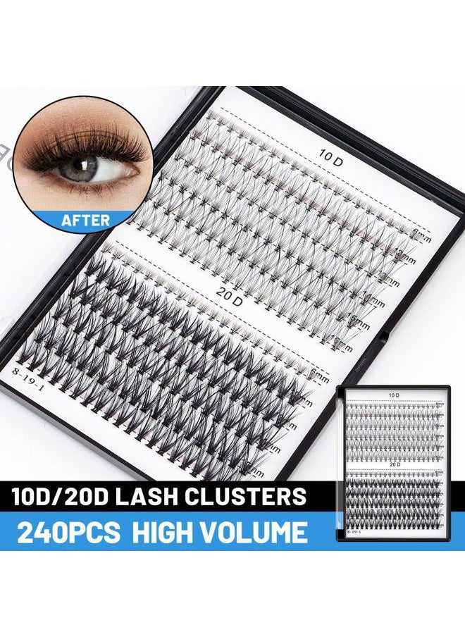 10D 20D 240pcs Cluster Eyelash Extensions 8-9-10-11-12mm Mixed/ 10-11-12-13-14mm Mixed/12-13-14-15-16mm Mixed Eyelash Clusters Lash Extension Individual Lashes for Self Application