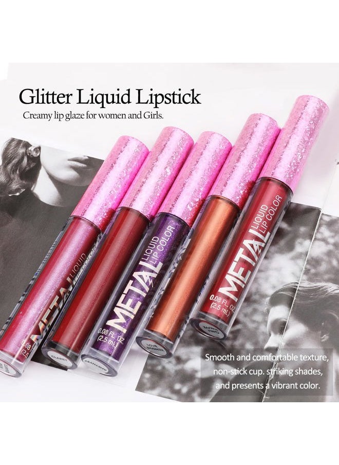 Metallic Liquid Lipsticks Matte Lips Lipstick Pearl Glitter Lip Gloss High Pigment Long Lasting Nonstick Lip Glaze Makeup for Women and Girls