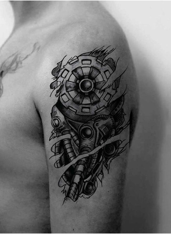 6 Sheets Temporary Tattoo Stickers Muscle Men Black 3D Mechanical Metal Arm Hollow Gear Shoulder Leg