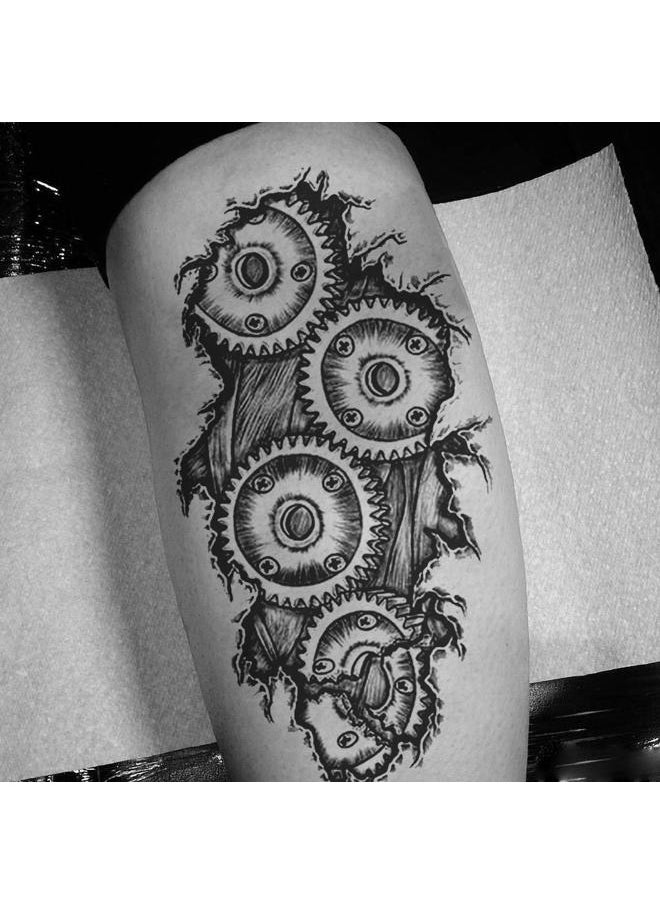 6 Sheets Temporary Tattoo Stickers Muscle Men Black 3D Mechanical Metal Arm Hollow Gear Shoulder Leg