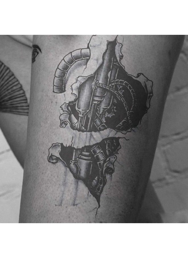 6 Sheets Temporary Tattoo Stickers Muscle Men Black 3D Mechanical Metal Arm Hollow Gear Shoulder Leg