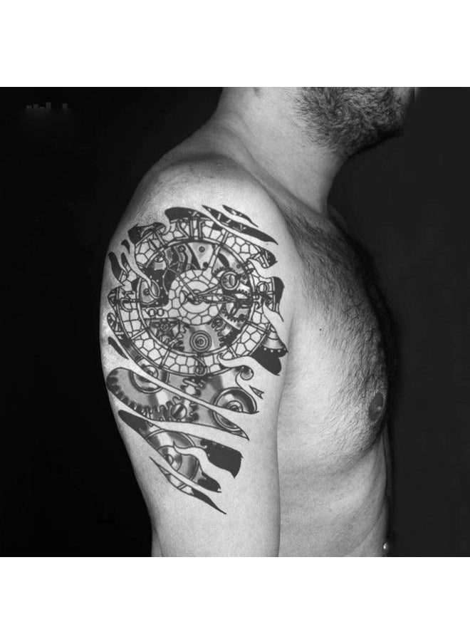 6 Sheets Temporary Tattoo Stickers Muscle Men Black 3D Mechanical Metal Arm Hollow Gear Shoulder Leg