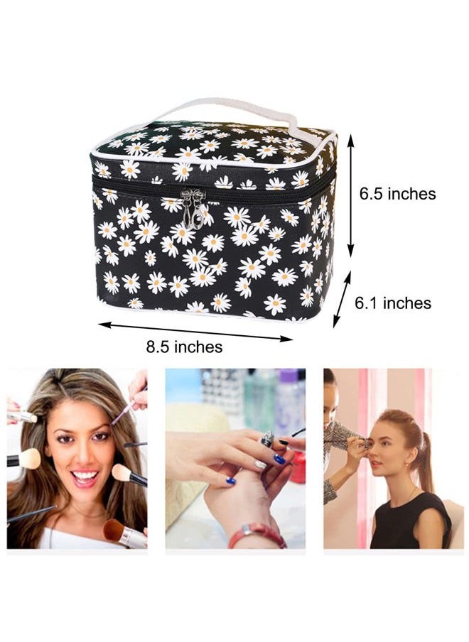 Large Makeup Bag Travel Cosmetic Bags With Makeup Brush Holder Waterproof PU Toiletry Storage Bag for Women, Black Daisy