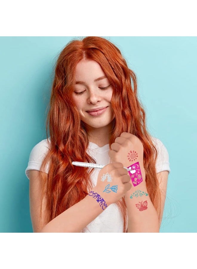 Shimmery Temporary Tattoo Pens for Kids, 4 Pack, Each Pack with 6 Tattoo Markers & 3 Stencil Stickers, Washable Tattoo Body Ink, Sparkle Girls Fashion Activity, Sparkly Tats Body Art Set