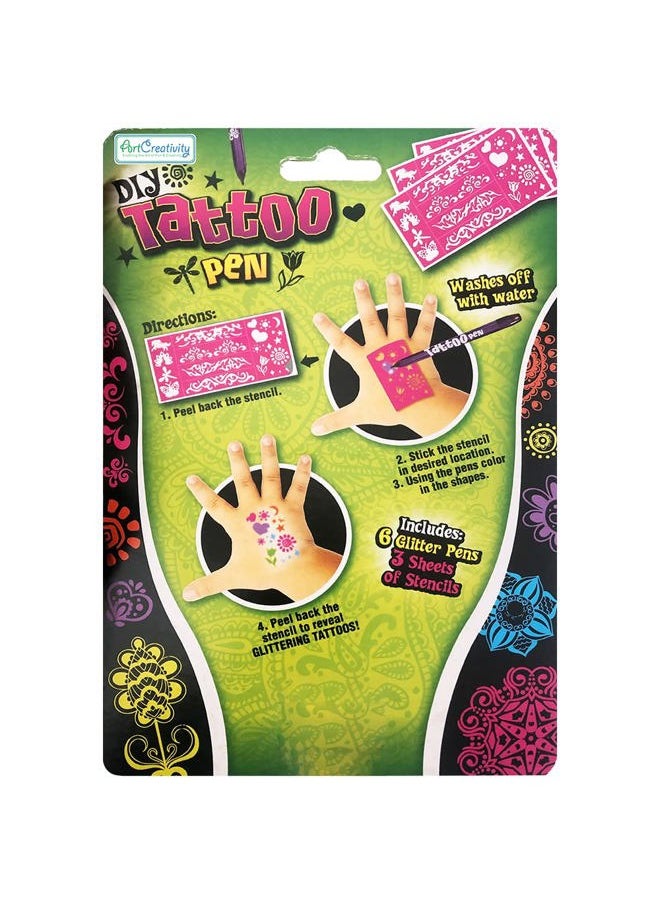 Shimmery Temporary Tattoo Pens for Kids, 4 Pack, Each Pack with 6 Tattoo Markers & 3 Stencil Stickers, Washable Tattoo Body Ink, Sparkle Girls Fashion Activity, Sparkly Tats Body Art Set