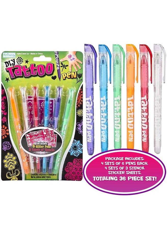 Shimmery Temporary Tattoo Pens for Kids, 4 Pack, Each Pack with 6 Tattoo Markers & 3 Stencil Stickers, Washable Tattoo Body Ink, Sparkle Girls Fashion Activity, Sparkly Tats Body Art Set
