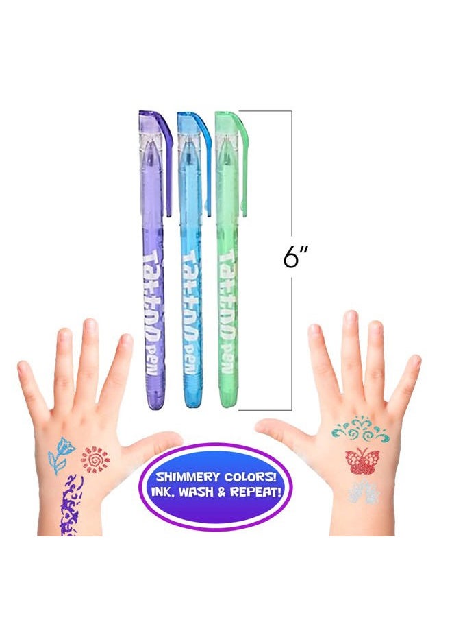 Shimmery Temporary Tattoo Pens for Kids, 4 Pack, Each Pack with 6 Tattoo Markers & 3 Stencil Stickers, Washable Tattoo Body Ink, Sparkle Girls Fashion Activity, Sparkly Tats Body Art Set