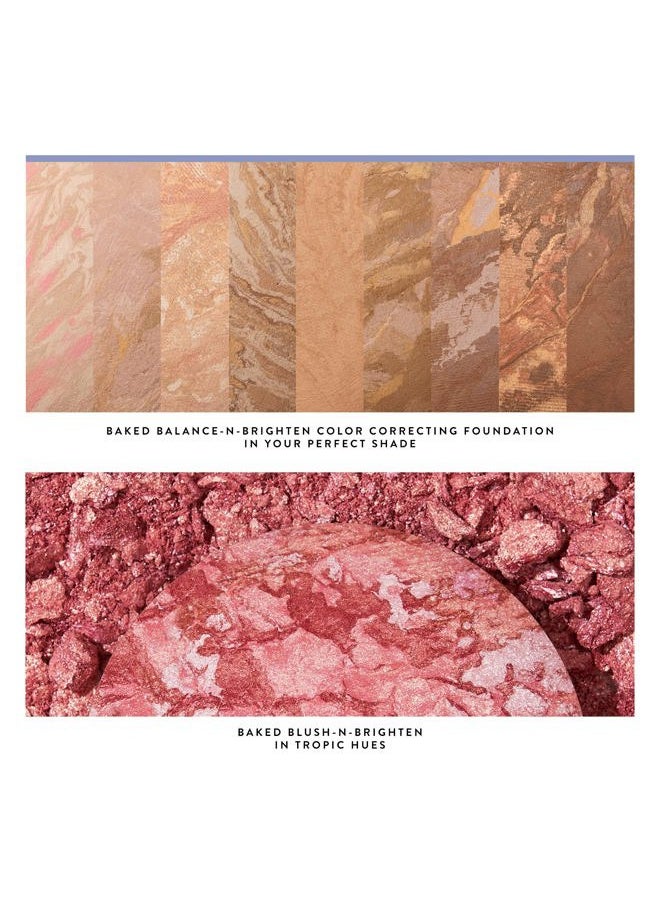 Blush-n-Balance 3pc Kit Baked Balance-N-Brighten Color Correcting Foundation, Golden Medium + Retractable Kabuki Brush + Baked Blush-N-Brighten, Tropic Hues