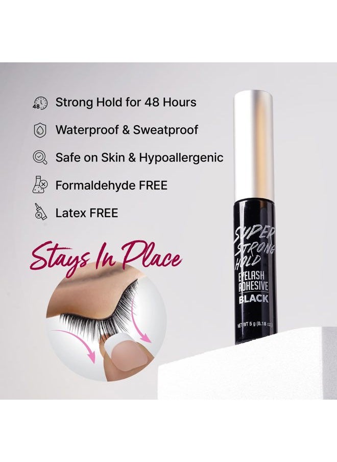 Super Strong Hold Eyelash Adhesive, Waterproof, 48-Hour Long-Lasting Lash Glue, Latex-Free, Hypoallergenic, Quick-Drying with Brush-On Applicator for Strip Lashes (Black, 6 Pack)