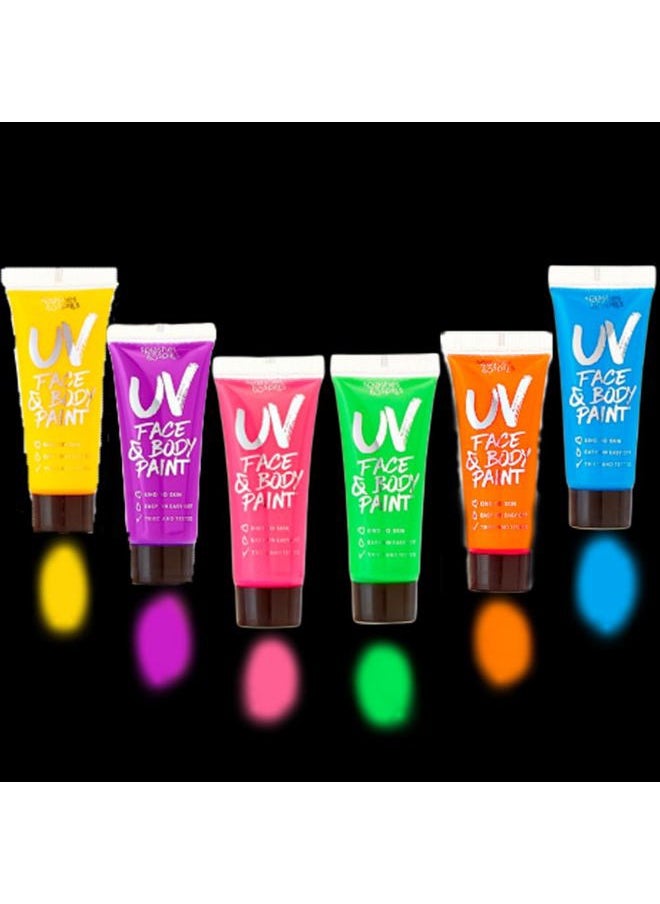 UV Face and Body Paint 10ml - 6 Pack - Neon Glow in the Dark Body Paint for Adults - Non Toxic, Vivid UV Reactive Makeup for Blacklight Parties & Events, Moisturizing Formula, by Splashes & Spills