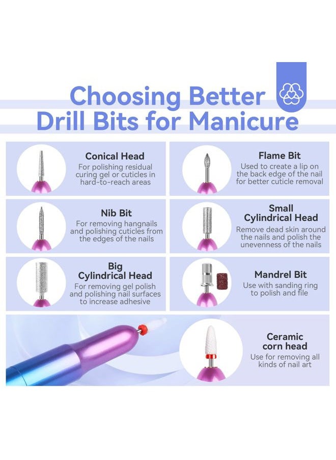 Portable Electric Nail Drill - 20000 RPM USB Electric Nail File with 7 Nail Drill Bits & 51 Sanding Bands for Nail Prep Acrylic Nails Dip Nails Gel Nails Home Salon Use
