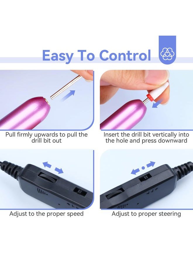 Portable Electric Nail Drill - 20000 RPM USB Electric Nail File with 7 Nail Drill Bits & 51 Sanding Bands for Nail Prep Acrylic Nails Dip Nails Gel Nails Home Salon Use