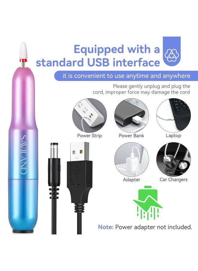 Portable Electric Nail Drill - 20000 RPM USB Electric Nail File with 7 Nail Drill Bits & 51 Sanding Bands for Nail Prep Acrylic Nails Dip Nails Gel Nails Home Salon Use