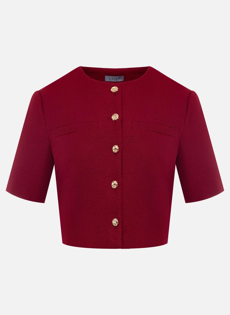 Short-sleeved tweed jacket with textured buttons