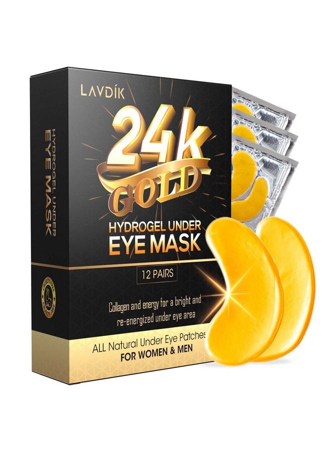 LAVDIK Under Eye Patches, 24K Gold Eye Mask - 12 Pairs, Collagen Eye Patch for Puffy Eyes and Dark Circles and Anti-Aging, Deep Moisturizing Eye Treatment Masks for Women and Men