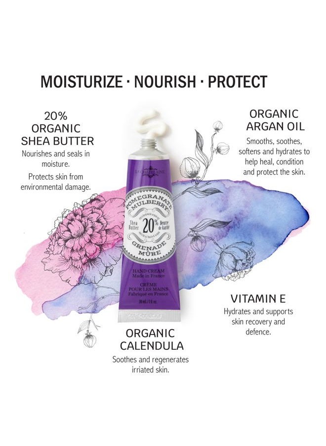 20% Shea Butter Hand Cream Travel Size, Organic Argan Oil, Moisturizing, Nourishing, Repairing, Extra-Rich Hand Lotion, Made in France, Paraben Free, 1 oz / 30ml (Pomegranate Mulberry)