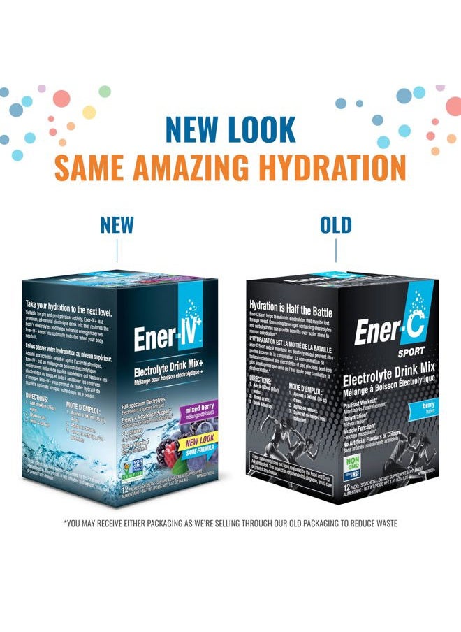 Ener-IV Electrolyte Hydration & Energy Drink Potassium Vitamin C & Zinc Electrolytes Powder Packets - Muscle Recovery & Immunity Sports Drinks for Women & Men Low Sugar Vegan, Mixed Berry - 12 Count