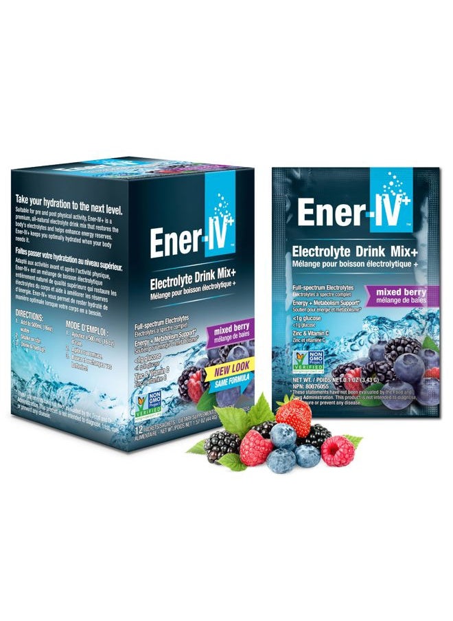 Ener-IV Electrolyte Hydration & Energy Drink Potassium Vitamin C & Zinc Electrolytes Powder Packets - Muscle Recovery & Immunity Sports Drinks for Women & Men Low Sugar Vegan, Mixed Berry - 12 Count