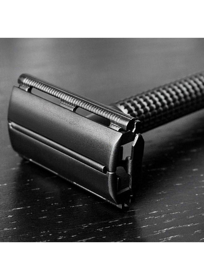 Double Edge 4 inch Long Handle Safety Razor for Men or Women Twist Butterfly Open Matte Black Steel Coating (1 Razor + 5 pcs Titanium Coated Blades + Leather Travel Case)