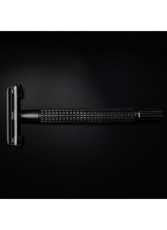 Double Edge 4 inch Long Handle Safety Razor for Men or Women Twist Butterfly Open Matte Black Steel Coating (1 Razor + 5 pcs Titanium Coated Blades + Leather Travel Case)
