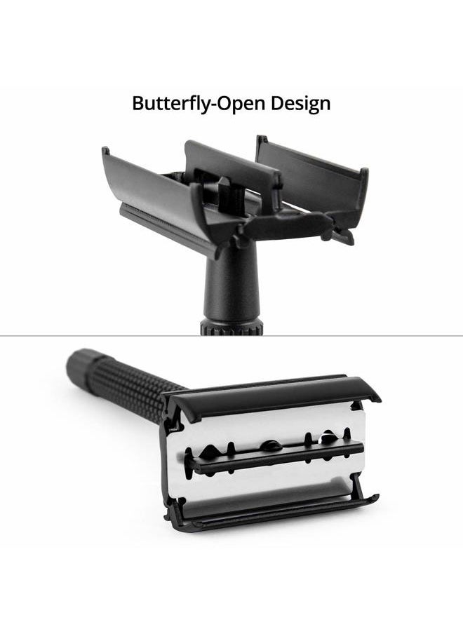Double Edge 4 inch Long Handle Safety Razor for Men or Women Twist Butterfly Open Matte Black Steel Coating (1 Razor + 5 pcs Titanium Coated Blades + Leather Travel Case)