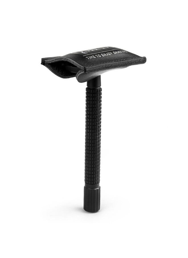 Double Edge 4 inch Long Handle Safety Razor for Men or Women Twist Butterfly Open Matte Black Steel Coating (1 Razor + 5 pcs Titanium Coated Blades + Leather Travel Case)