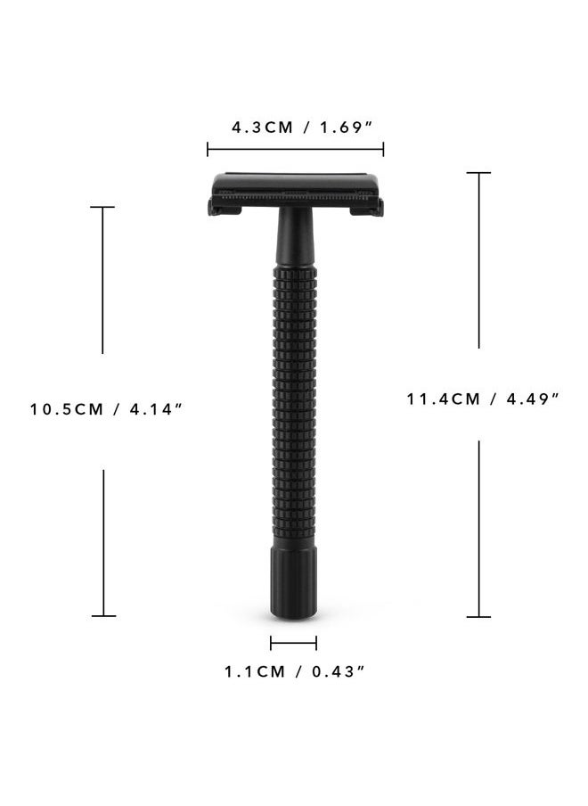 Double Edge 4 inch Long Handle Safety Razor for Men or Women Twist Butterfly Open Matte Black Steel Coating (1 Razor + 5 pcs Titanium Coated Blades + Leather Travel Case)