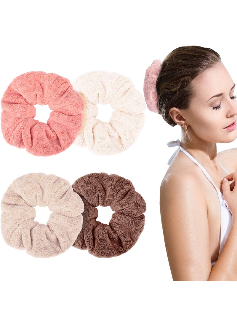 4 Pieces Large Towel Microfiber Drying Soft Scrunchies Thick Scrunchies Fuzzy Scrunchy Ponytail Holder for Hair Light Bobbles Ropes Wet and Dry Hair Accessories (Bright Colors)
