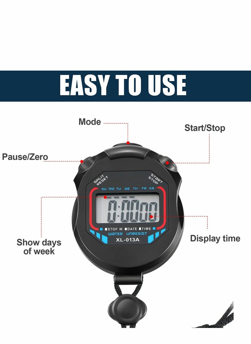 Digital Stopwatch Timers, 2Pcs Multi-Function Electronic Sport Timer, Water Resistant LCD Chronograph with Date, Time and Alarm Function for Sports Fitness Trainers Referees
