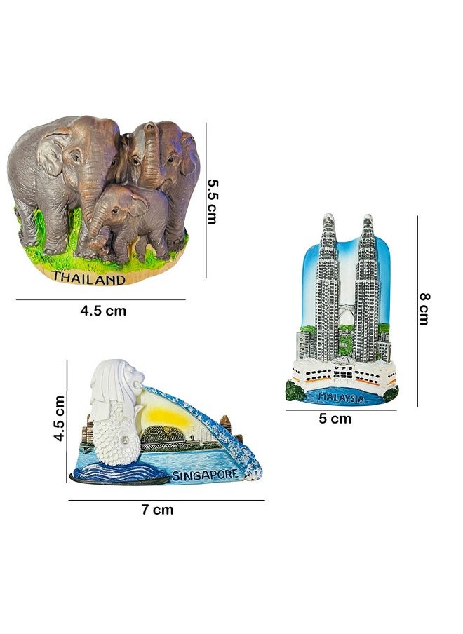 KRIWIN Pack of 3 Travel Theme 3D Singapore, Malaysia and Thailand Resin Fridge Magnets