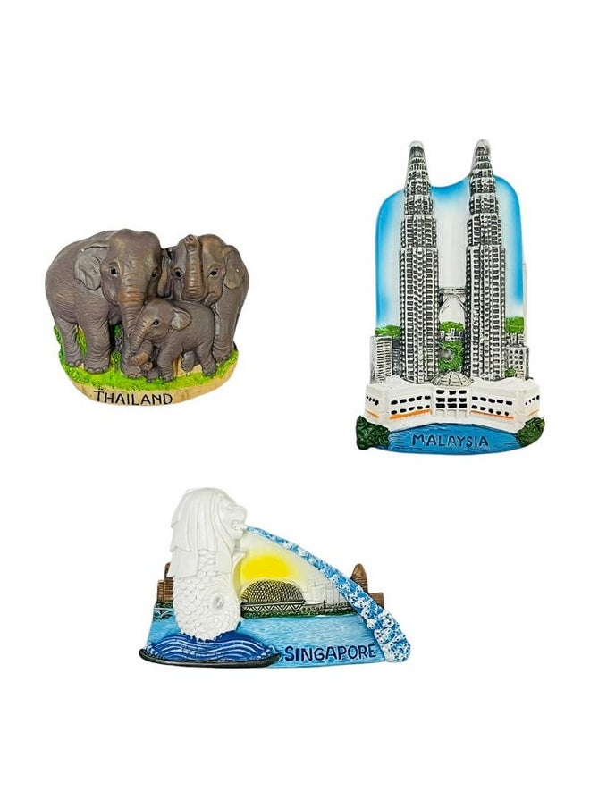 KRIWIN Pack of 3 Travel Theme 3D Singapore, Malaysia and Thailand Resin Fridge Magnets