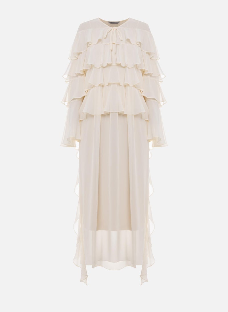 Airy maxi dress with ruffles on the bodice and matching ties