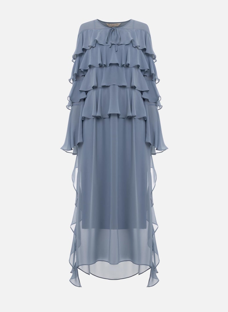 Airy maxi dress with ruffles on the bodice and matching ties