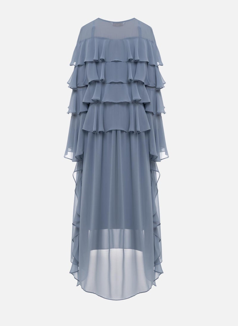 Airy maxi dress with ruffles on the bodice and matching ties