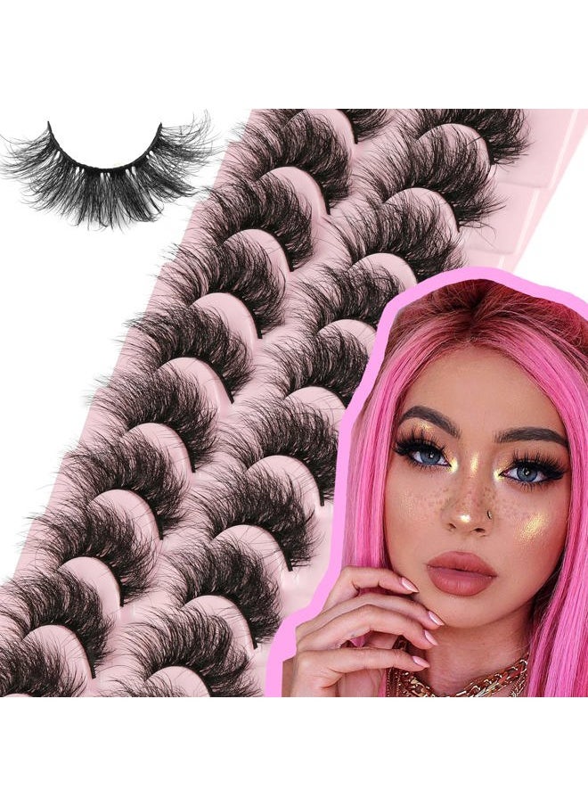 Mink Lashes False Eyelashes Dramatic Fluffy Mink Lashes Wispy 19 MM Curly Natural Look 3D Fake Eyelashes 10 Pairs Pack