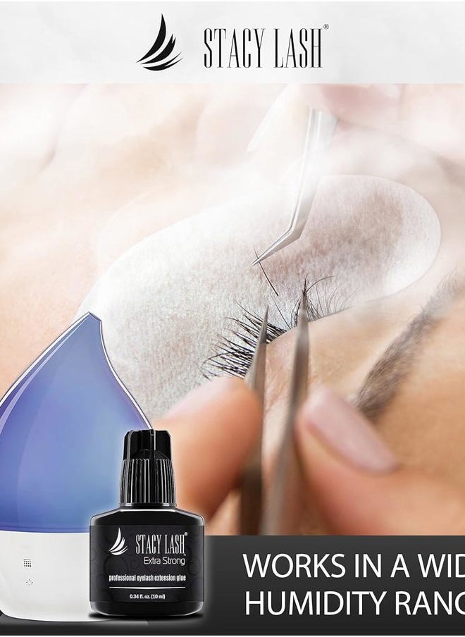 Extra Strong Eyelash Extension Glue Stacy Lash (0.34 fl.oz / 10 ml) / 0.5-1 Sec Dry/Retention – 8 Weeks/Black Adhesive/Professional Supplies