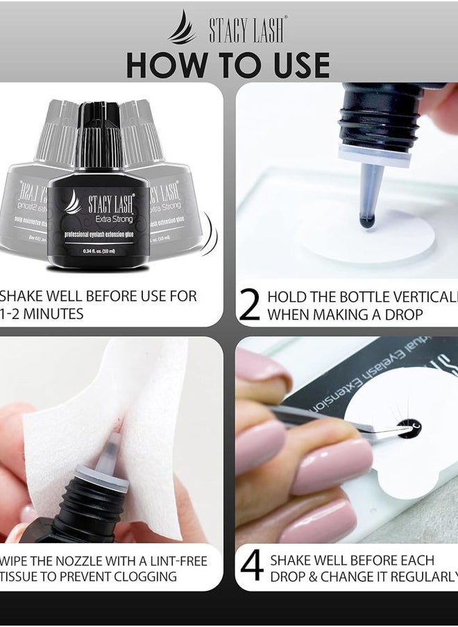 Extra Strong Eyelash Extension Glue Stacy Lash (0.34 fl.oz / 10 ml) / 0.5-1 Sec Dry/Retention – 8 Weeks/Black Adhesive/Professional Supplies