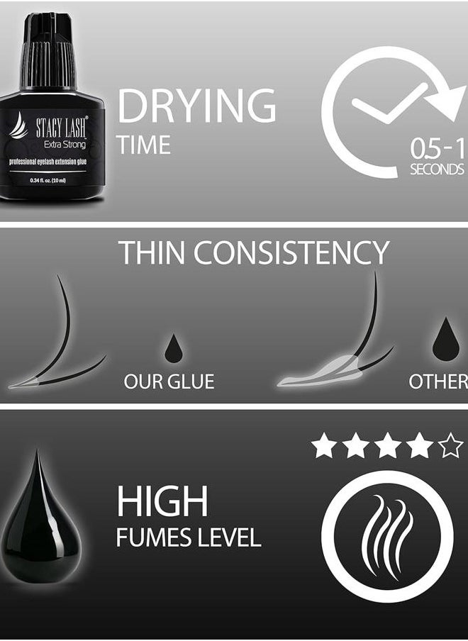 Extra Strong Eyelash Extension Glue Stacy Lash (0.34 fl.oz / 10 ml) / 0.5-1 Sec Dry/Retention – 8 Weeks/Black Adhesive/Professional Supplies