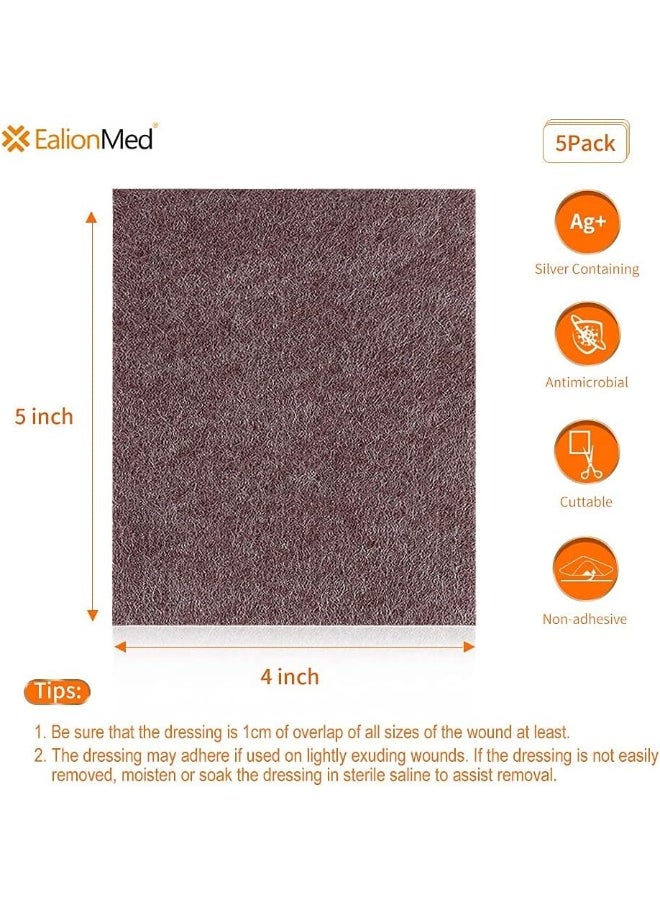 EalionMed Silver Calcium Alginate Wound Dressing Pad, 4’’x5’’ Patch, High Absorbency Non-Stick Ag Gauze for Pressure Ulcer, Bed Sore, Leg Sore, Diabetic Foot Ulcer, 5 Packs