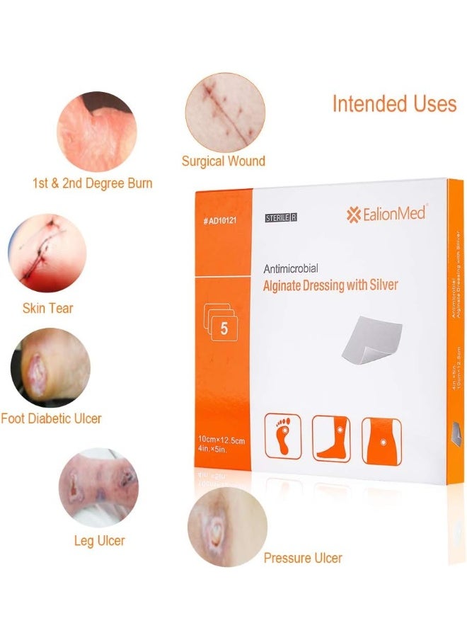 EalionMed Silver Calcium Alginate Wound Dressing Pad, 4’’x5’’ Patch, High Absorbency Non-Stick Ag Gauze for Pressure Ulcer, Bed Sore, Leg Sore, Diabetic Foot Ulcer, 5 Packs